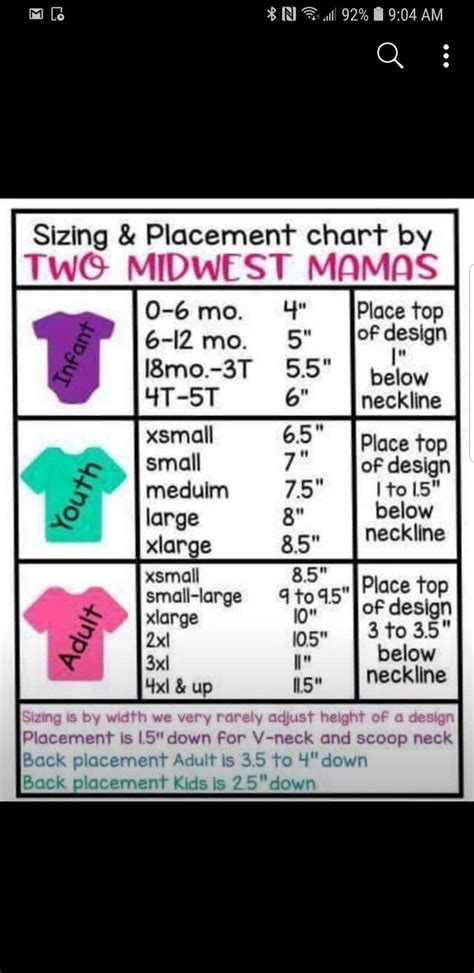 htv size placement guide kids shirts design size