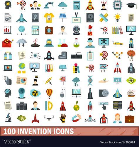 100 Invention Icons Set Flat Style Royalty Free Vector Image