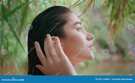 Tender Brunette Enjoying Nature Closeup Mesmerizing Woman Looking