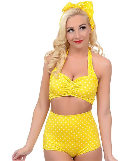 1950s Style Yellow And White Polka Dot Two Piece High Waisted Halter