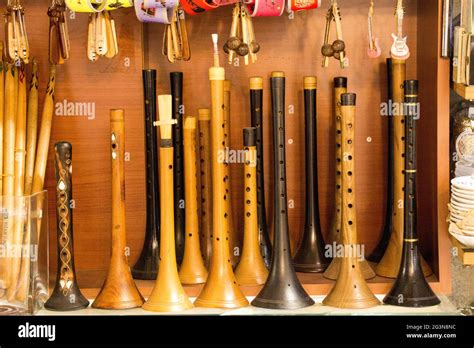 Dozens Of Handmade Wooden Flutes In Display Stock Photo Alamy