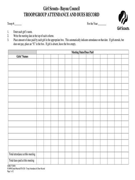 Girl Scout Attendance Sheet Fill Online Printable Fillable Blank