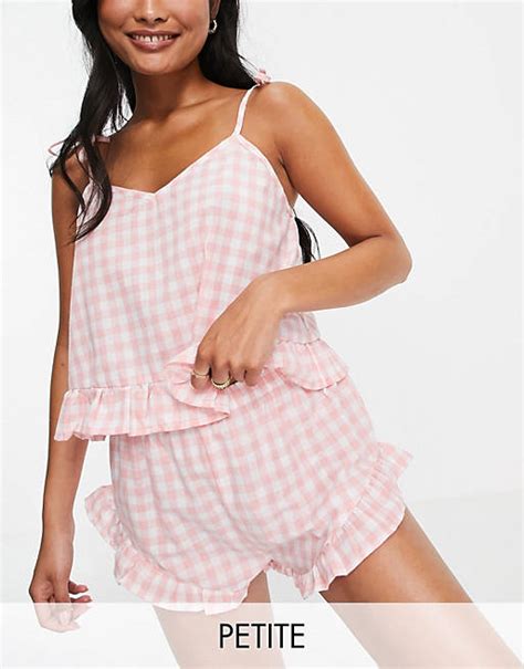 Loungeable Petite Frill Cami And Short Pyjama Set In Pink Gingham Asos