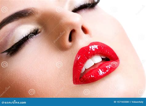 Closeup Beautiful Female Lips With Red Lipstick Stock Photo Image Of Fashion Lipgloss