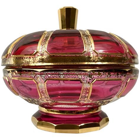 Moser Cranberry Cabochon Gold Covered Bowl Moser Glass Moser Filigree Design
