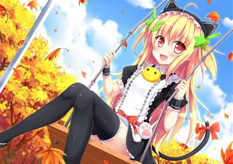Wallpaper Anime Girl Loli Swing Blonde Smiling Autumn