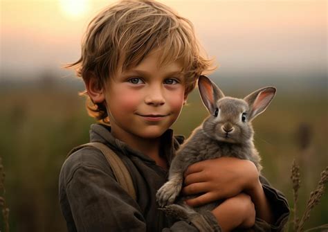 Premium Ai Image A Boy Holds A Rabbit In His Hands