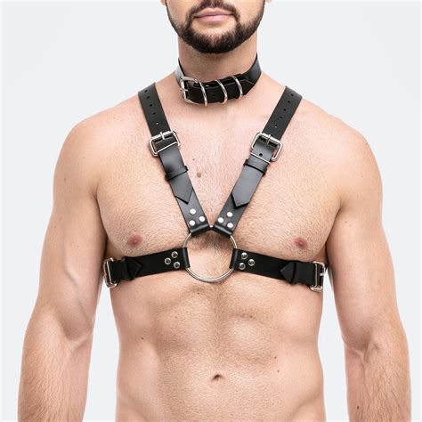 Leather Harness For Men With Silver Snap And Detachable Chain Etsy