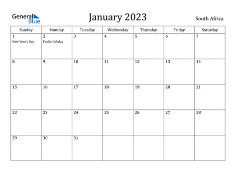 January 2023 Calendar With South Africa Holidays
