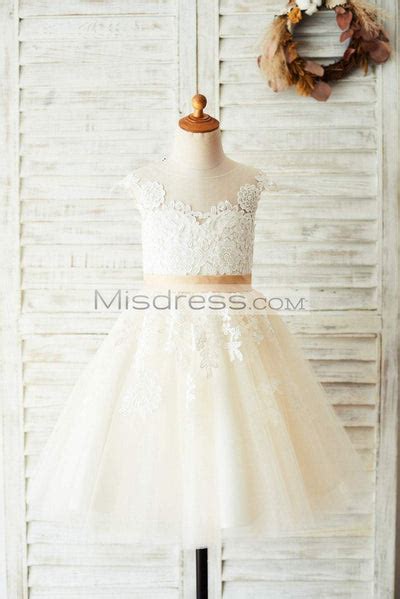 Ivory Lace Champagne Tulle V Back Wedding Party Flower Girl Dress Misdress