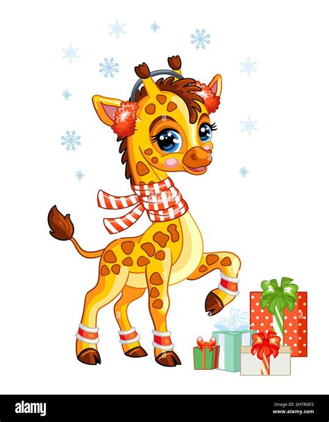 Cute Christmas Giraffe With Ts And Snowflakes Cartoon Giraffe