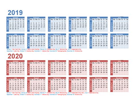 Printable Calendar 2019 2020 Two Year Per Page Excel Pdf
