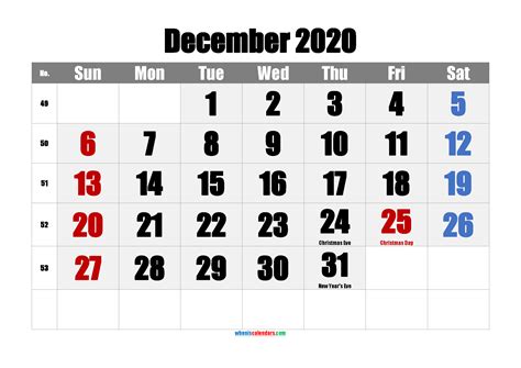 Free Printable December 2020 Calendar With Holidays Calendar
