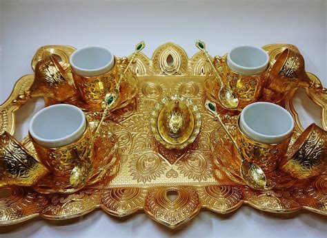 Kitchen Turkish Coffee Set Espresso Cups Tray Traditional Gold Etsy