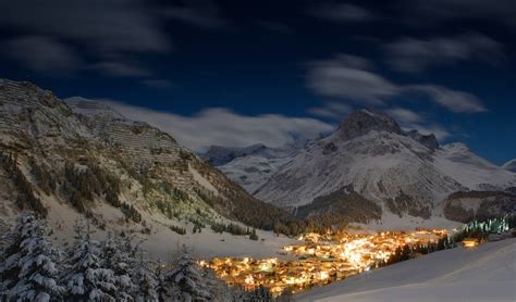 Winter Starry Night Austria Snow Forest City Lights Mountains