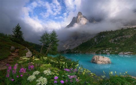 Dolomites Mountains Italy Spring Mist Lake Wildflowers Clouds