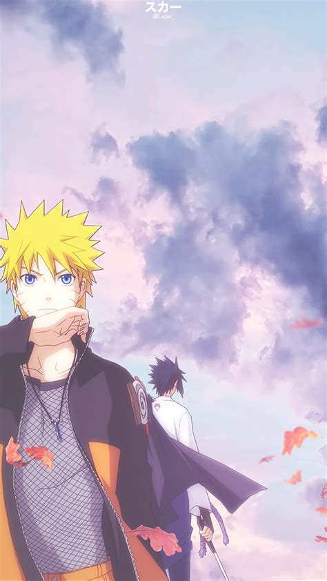 Naruto Y Sasuke Estéticas Anime Salto Rosas Moradas Cielo Fondo