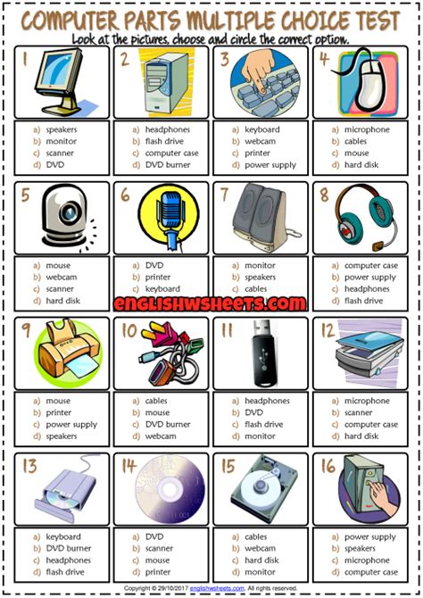 Computer Parts Esl Printable Multiple Choice Test For Kids