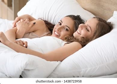 Happy Lesbian Couple Lying Bed Stock Photo Shutterstock