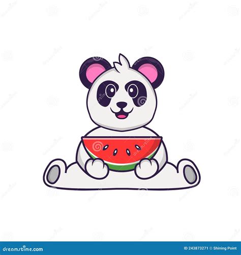 Cute Panda Eating Watermelon Animal Cartoon Concept Isolated Stock