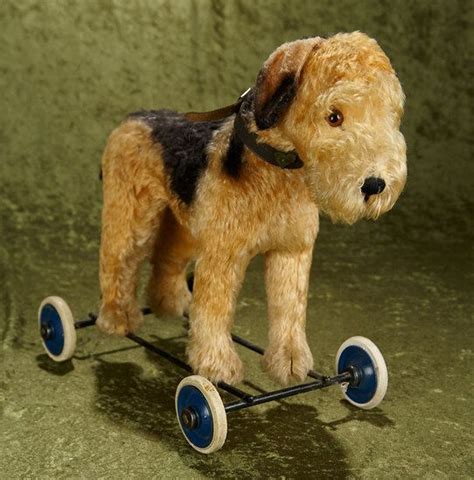 14 Vintage Mohair Airedale Terrier Pull Dog On Wheels In Nice