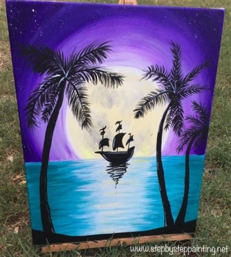 How To Paint Tropical Moon Rise With Ship Palm Trees Painting Step
