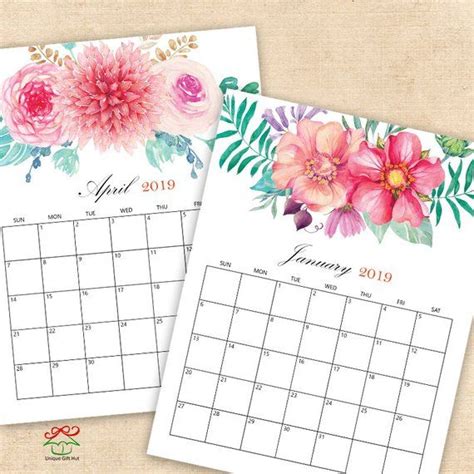 2023 Digital Printable Calendars Watercolor Floral Desk Calendar