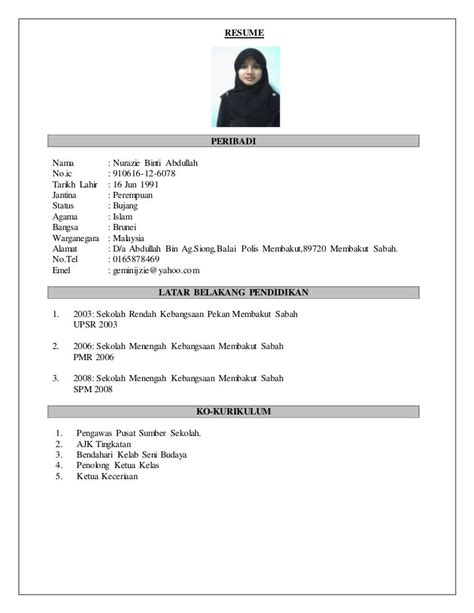 Format Resume Bahasa Melayu Spm Lepasan Spm Contoh Resume Bahasa Riset