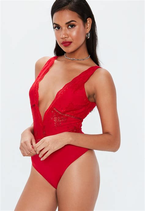 red plunge lace insert bodysuit missguided women tops online bodysuit red jumpsuit