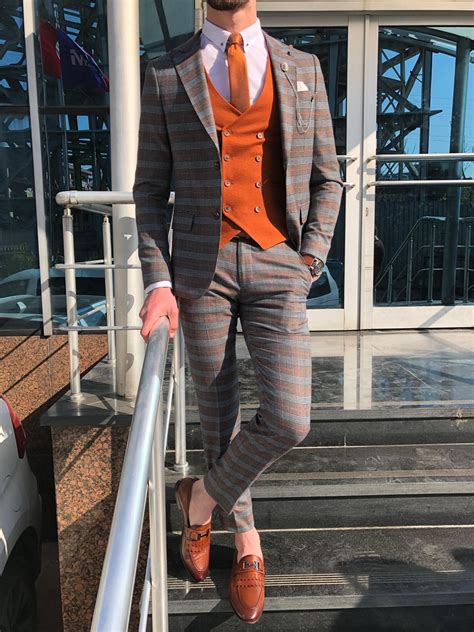 Geometric plaid grey black men's tie sets 100% silk tie. Buy Orange Slim Fit Plaid Suit by GentWith.com with | Slim fit suit men, Designer suits for men ...