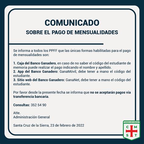 Comunicado Sobre El Pago De Mensualidades Cmsta