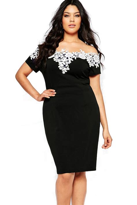 Wholesale Lace Crochet Off Shoulder Black Plus Size Pencil Dress