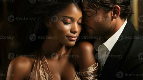 beautiful interracial couple in love embracing and kissing closeup joyful mixed race