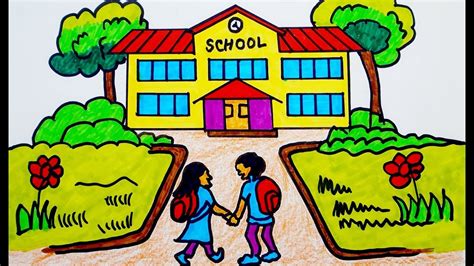 How To Draw Scenery School Building Coloring Page Drawing