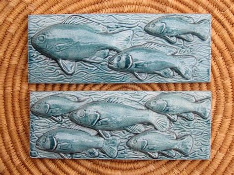 Ceramic Fish Accent Tiles Set Of Two 3fish And 5fish Tiles Etsy