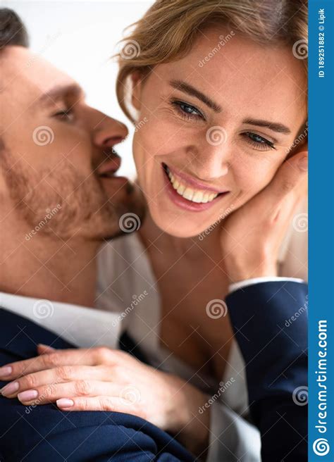 Happy Passionate Couple In Love Touching Kissing And Huging Focus On