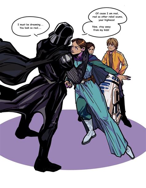Darth Vader And Princess Leisa Hug In Front Of Two People With Speech Bubbles Above Them