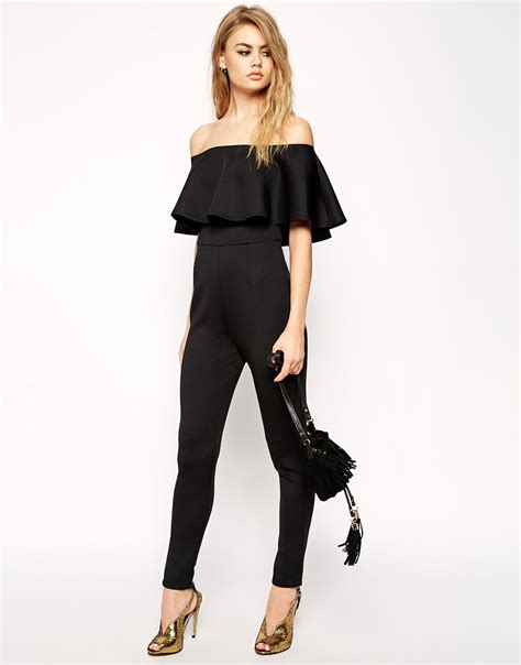 Asos Scuba Jumpsuit With Off Shoulder Ruffle In Black Lyst