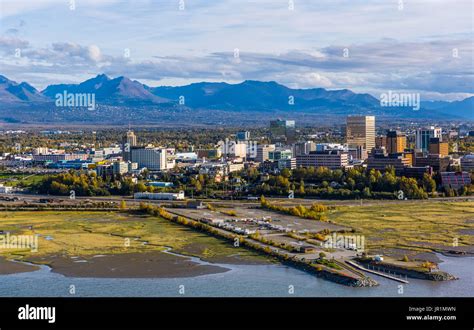 Aerial View Of Downtown Anchorage Mudflats Of Cook Inlet And Chugach