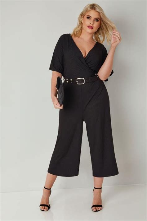 Black Jersey Cropped Culotte Wrap Front Jumpsuit Plus Size 16 To 32