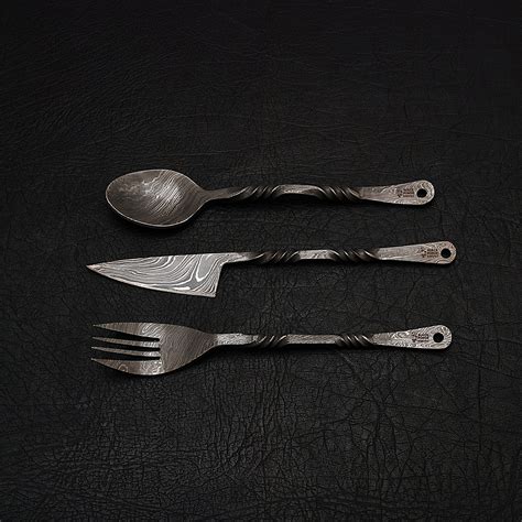 Damascus Medieval Cutlery Feasting Set 3 Piece Black Forge Knives