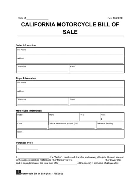 California Motorcycle Bill Of Sale Template Pdf And Word