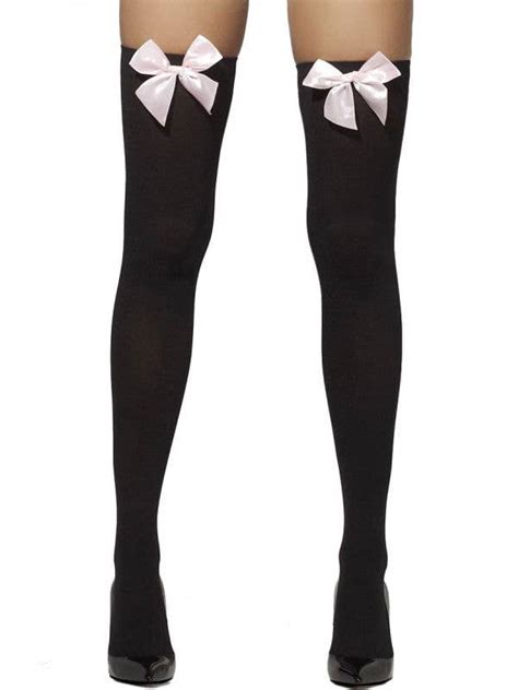 Black Thigh High Stockings With Pink Bows Opaque Black Thigh Highs