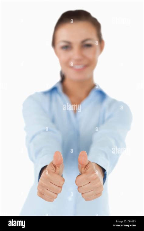 Businesswoman Giving Both Thumbs Up Stock Photo Alamy