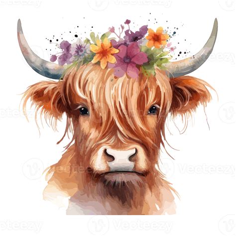Cute Highland Cow Wearing Flower Crown Watercolor AI Generated PNG