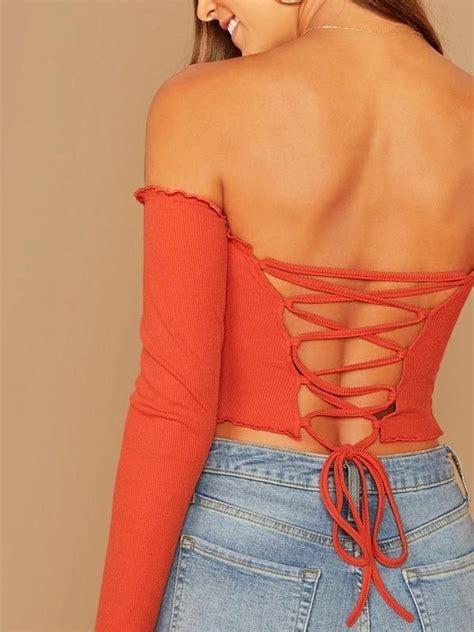 Women Sexy Lace Up Crop Top Lettuce Edge Rib Knit Fitted Crop Etsy