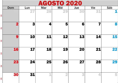 Plantilla De Calendario De Agosto 2020 En Blanco