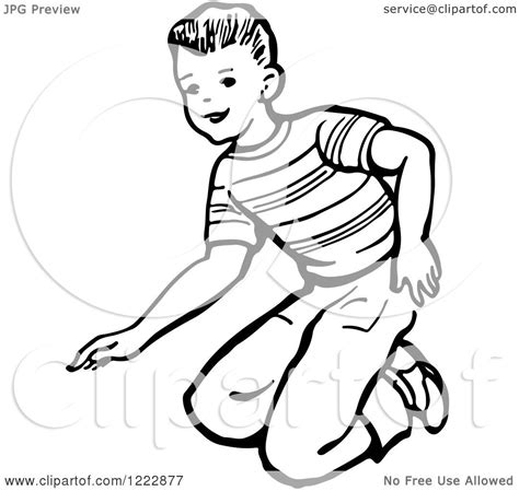 Clipart Of A Retro Boy Kneeling In Black And White Royalty Free