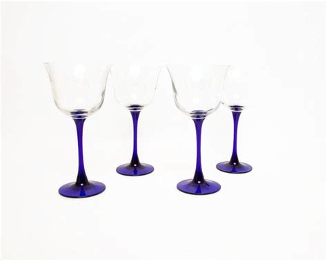 Vintage Cobalt Blue Crystal Wine Glasses Set Of 4 Long Stem Etsy Blue Crystal Wine Glasses