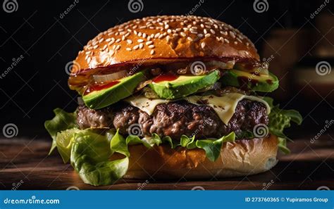 Grilled Cheddar Burger On Rustic Sesame Bun Generated By AI Stock Image